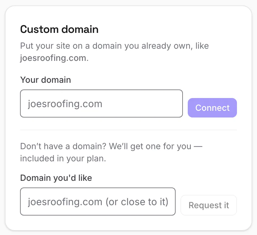 The Custom domain card in the dashboard, where you connect a domain you already own