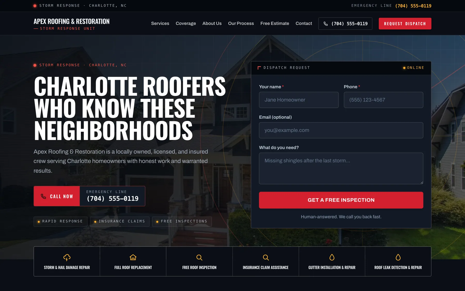 Apex Roofing & Restoration — a roofing website built with RoofPropage