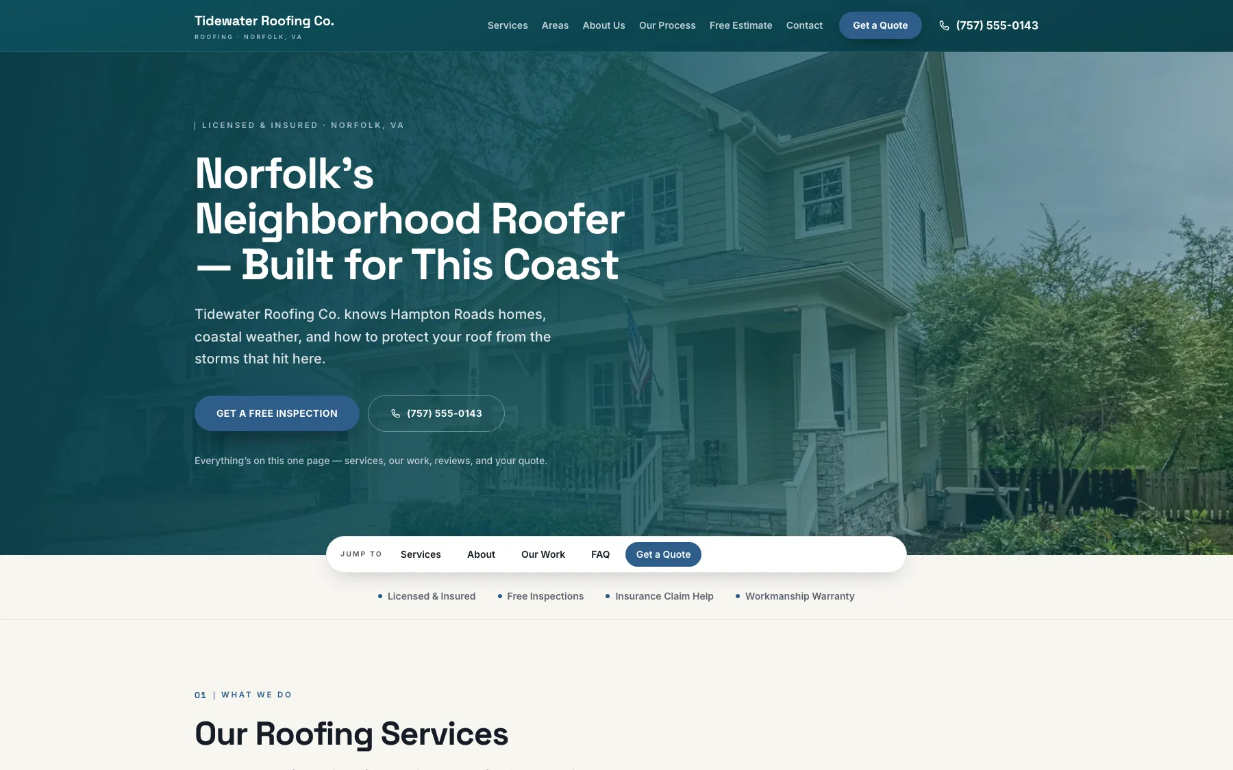 Tidewater Roofing Co. — a roofing website built with RoofPropage