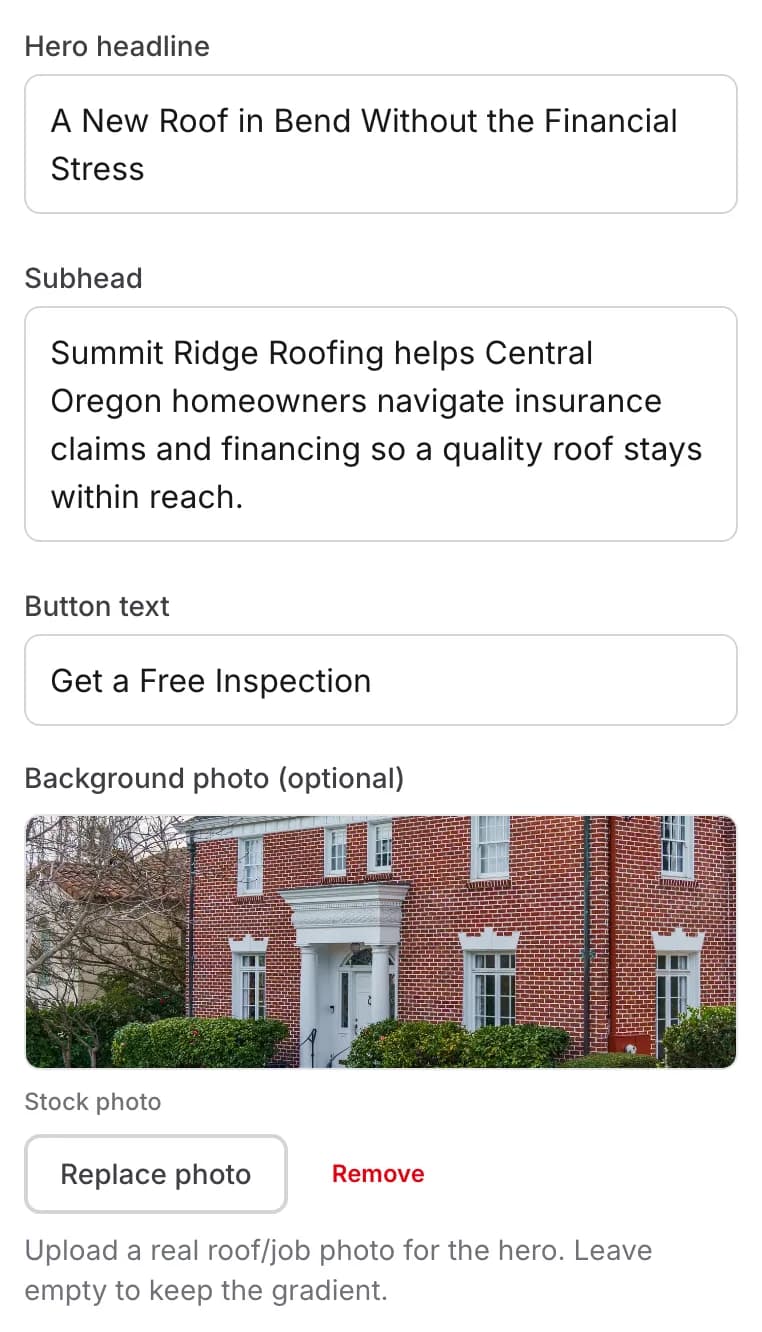 The editor's hero controls on the demo site: headline, subhead, and a background photo with Replace photo and Remove buttons