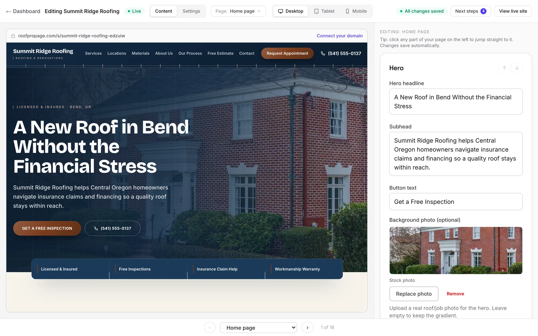 The RoofPropage editor: the Summit Ridge demo site previewed on the left, with plain-English editing fields for the headline, subhead, and hero photo on the right