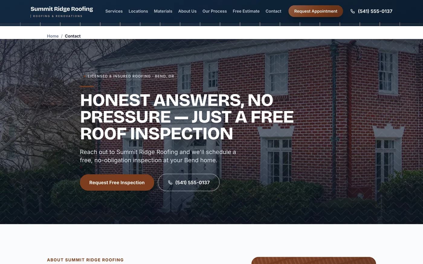 The contact page of the Summit Ridge demo site, with a tap-to-call phone number and a free-inspection button