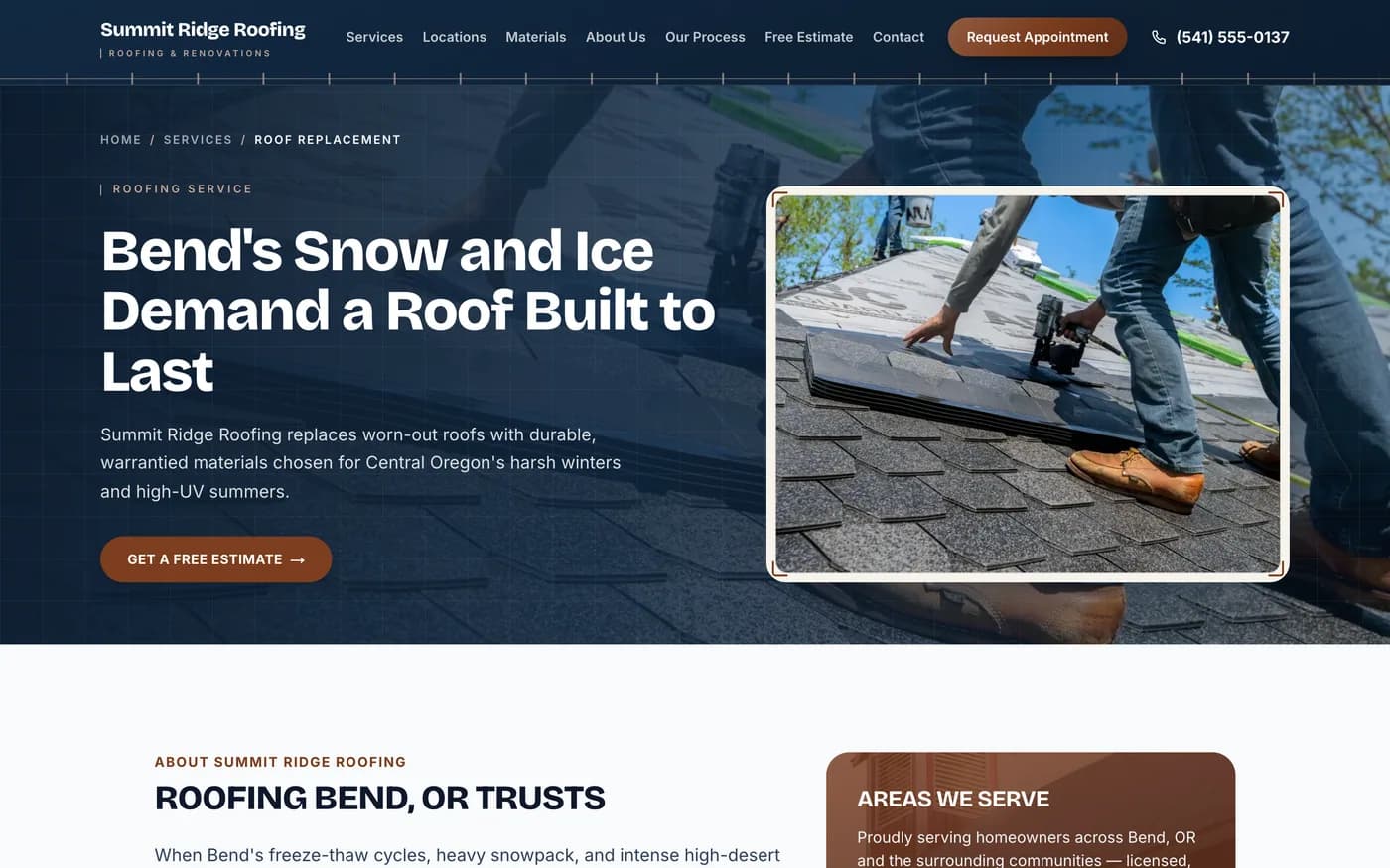 The roof-replacement service page of the Summit Ridge demo site, with its own headline and photos