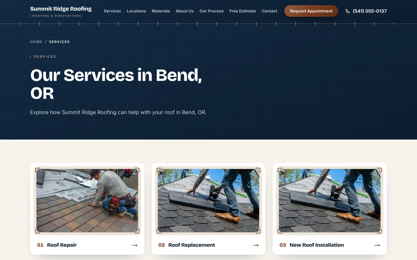 The services page of the Summit Ridge demo site, listing each roofing service as its own card