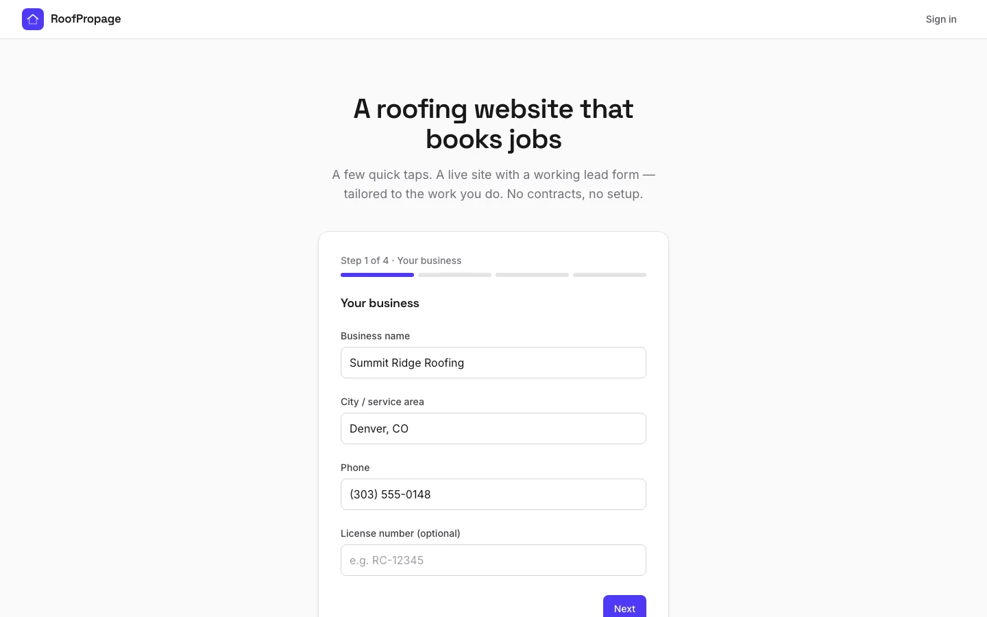 The RoofPropage setup wizard, step 1 of 4, with the business name Summit Ridge Roofing plus a city and phone number filled in.